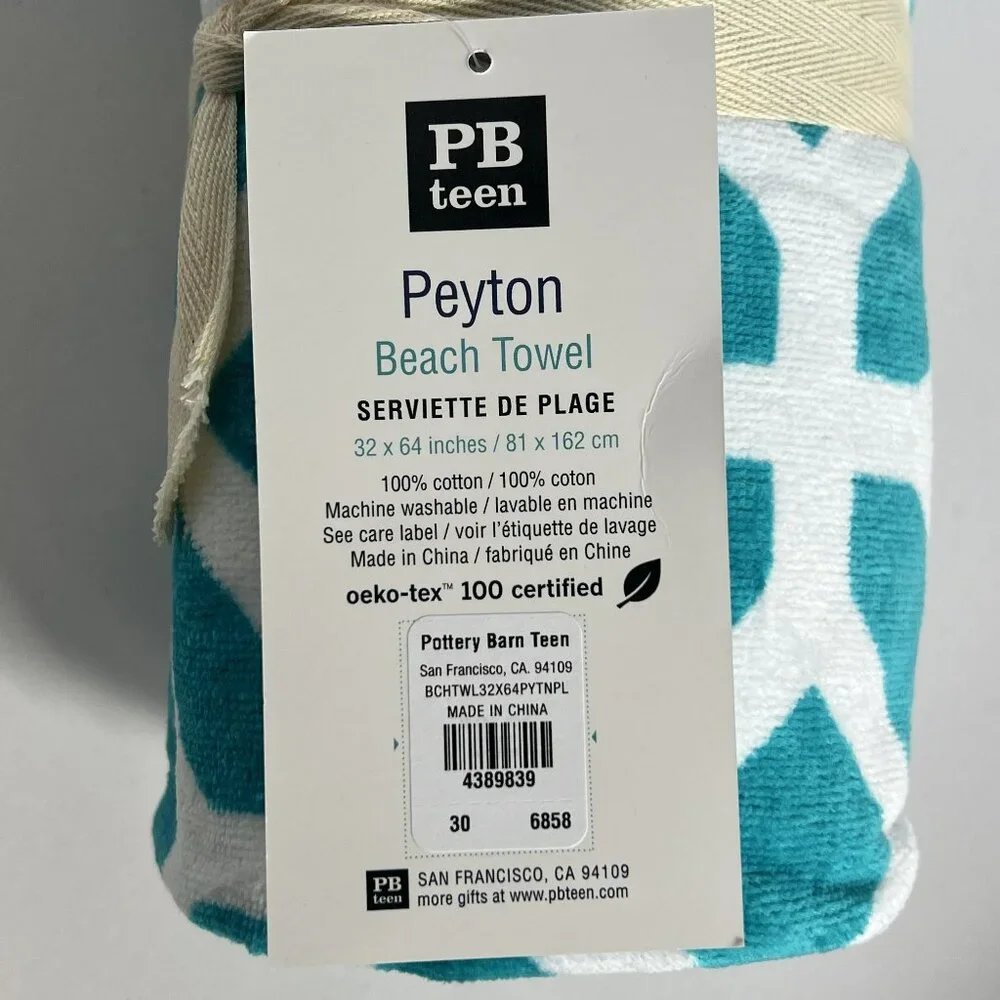 POTTERY BARN TEEN Set of 2 Peyton Beach Towels Teal/White/Navy NEW NWT PB TEEN